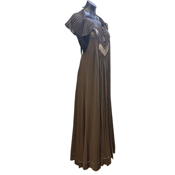 BCBG Maxazria Runway Vintage-Inspired Brown Pleated Maxi Dress w/Intricate Cutou - Picture 4 of 6